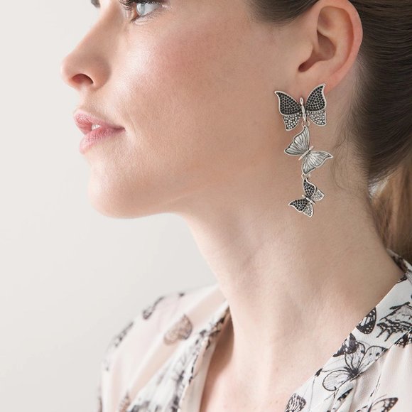 WHBM * Butterfly BLACK CRYSTALS Silvertone Earrings - Picture 2 of 6